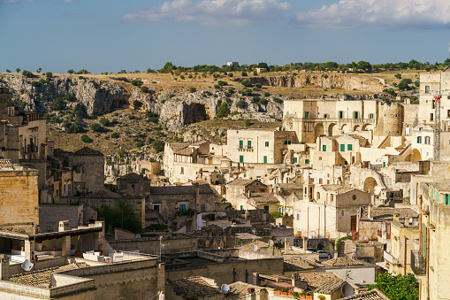 Looking at the beautiful ancient town of Matera, in southern Italy. Matera has gained international fame for its ancient town, the \