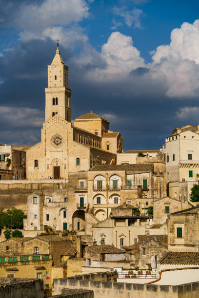Looking at the beautiful cathedral of the ancient town Matera, in southern Italy. Matera has gained international fame for its ancient town, the \