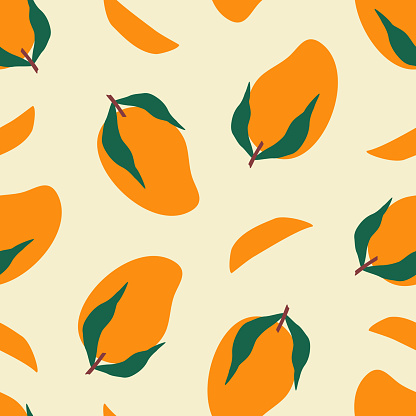 Mango fruit hand drawn vector illustration in flat style. Tropical seamless pattern for textile, fabric or wallpaper.