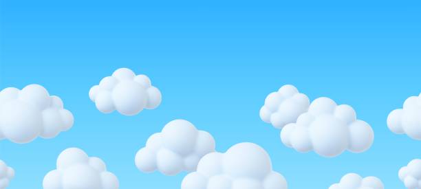 istock Clouds in blue sky, 3d white cloud seamless banner. Fluffy bubbles, spring summer seasonal cloudy weather. Decorative rendering vector background 1462122356
