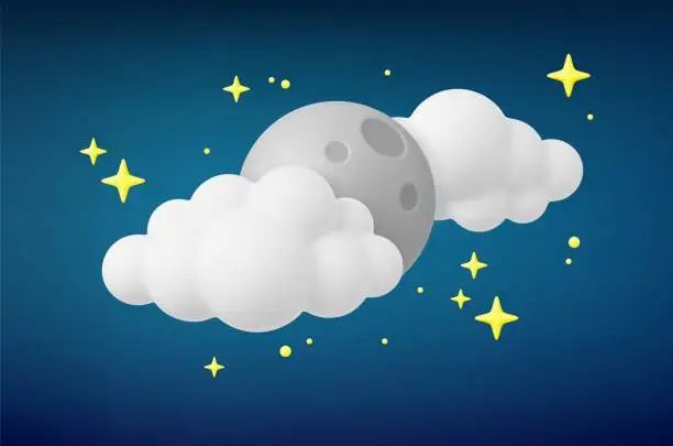 Vector illustration of Night 3d moon in clouds and stars. Realistic plasticine sky and planet, yellow star and cloud. Dreaming composition, vector starry concept