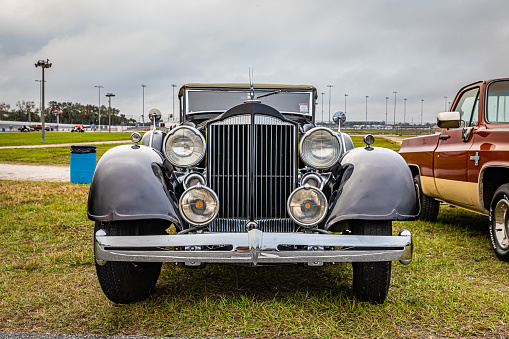 Belgrade, Serbia, March 25 2019:Exhibition of old cars in Belgrade at the fortress on Kalemegdan. A lot of people watch and love cars. Nice summer weather. in March.