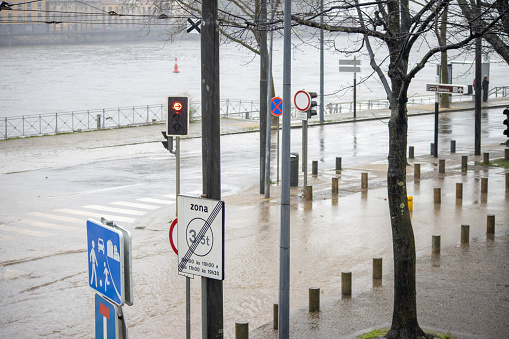 Streets flooding at the Douro river in Porto, Portugal after cloud burst
