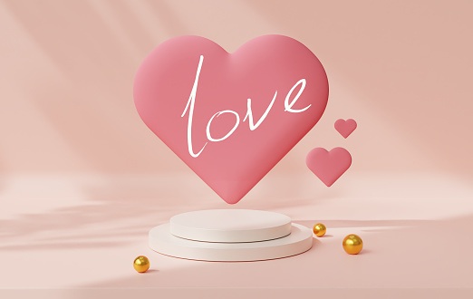 Love Valentine's day, handwriting on a pink heart shape, Podium in an empty showroom for product presentation.3d rendering.