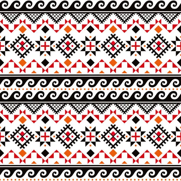 Vector illustration of Ukrainian Pysanky vector seamless folk art pattern with waves and geometric motif - traditional Hutsul Easter eggs ornamental design