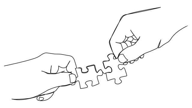 animated single line drawing of hands of two people connecting puzzle pieces