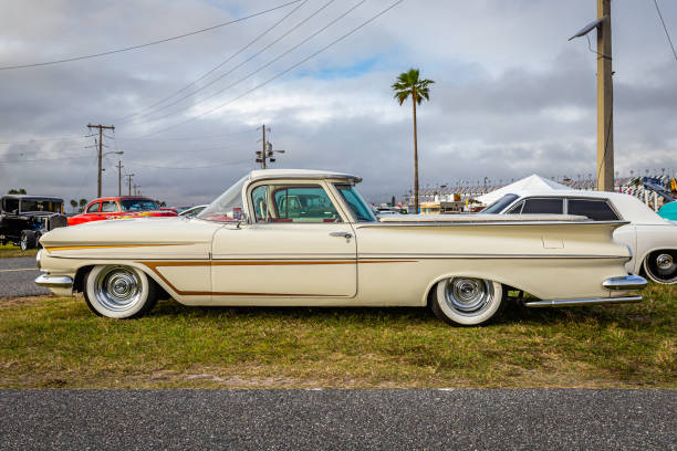 Daytona Beach, FL - November 26, 2022: Low perspective side view of a 1959 Chevrolet El Camino Pickup at a local car show.