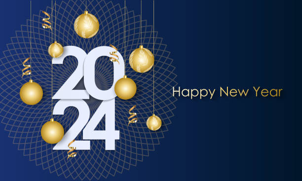 happy new year 2024 elegant gold text with balloons and confetti. realistic vector illustration - happy new year 2024 幅插畫檔、美工圖案、卡通及圖標