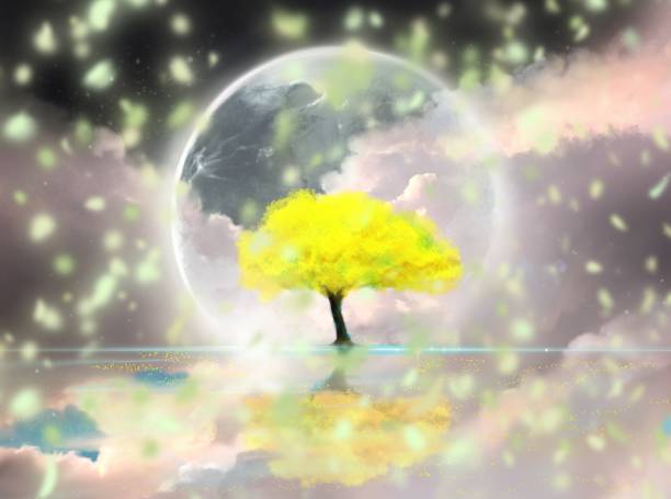 istock Fantasy background illustration of yellow mimosa tree floating on the sea with big full moon 1462143619