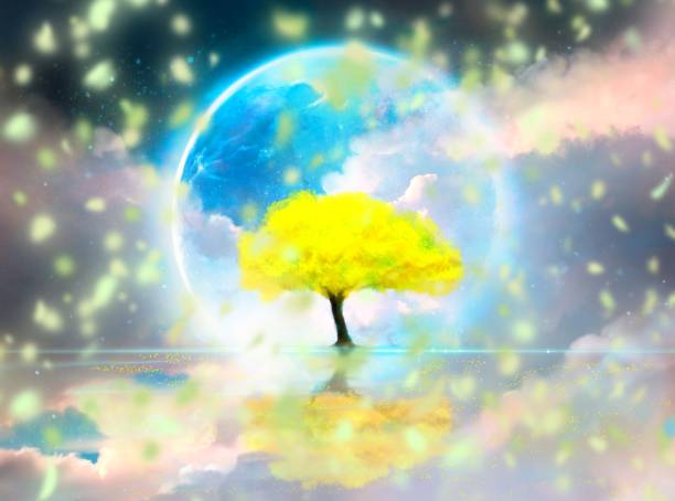 istock Fantasy background illustration of yellow mimosa tree floating on the sea with big full moon 1462143628