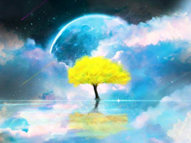 istock Fantasy background illustration of yellow mimosa tree floating on the sea with big full moon 1462143695
