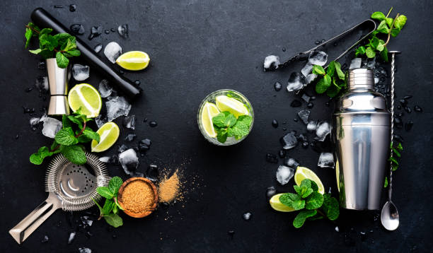 istock Mojito or caipirinha cocktail and mocktail preparation ingredients: mint, sugar, lime, ice and steel bar tools: shaker, jigger, strainer, muddler on dark background, top view banner 1462146794