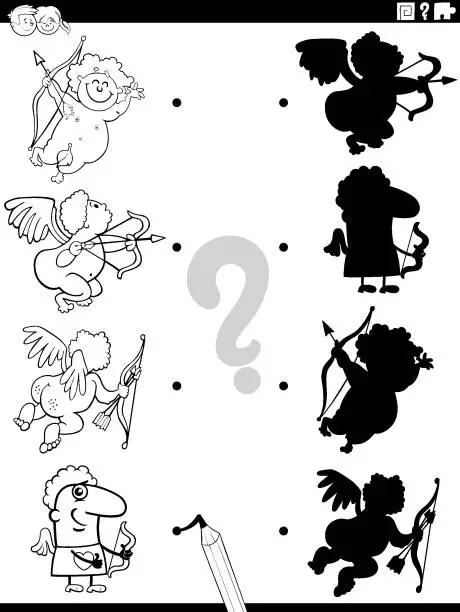 Vector illustration of shadow game with comic cupids characters coloring page