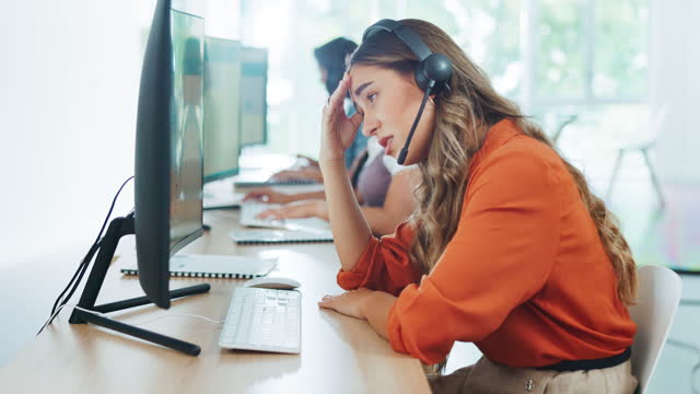 Stress, headache and burnout woman at call center, feeling tired or exhausted. Mental health, anxiety or female sales agent, consultant or telemarketing employee with depression or migraine in office