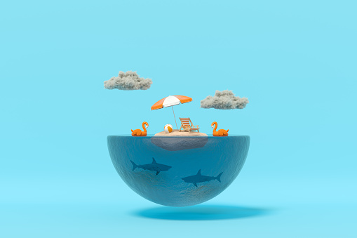 3d rendering of island with shark undersea. Summer holiday travel background.