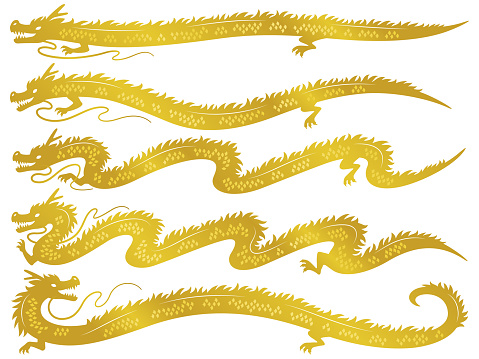 Illustration set of Chinese style elongated golden dragons
