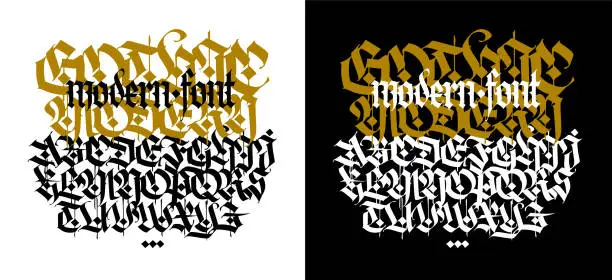 Vector illustration of Gothic. Vector. Capital white latin letters on a black background. Beautiful and stylish calligraphy. Elegant European typeface for tattoo and design. Medieval Germanic modern style.