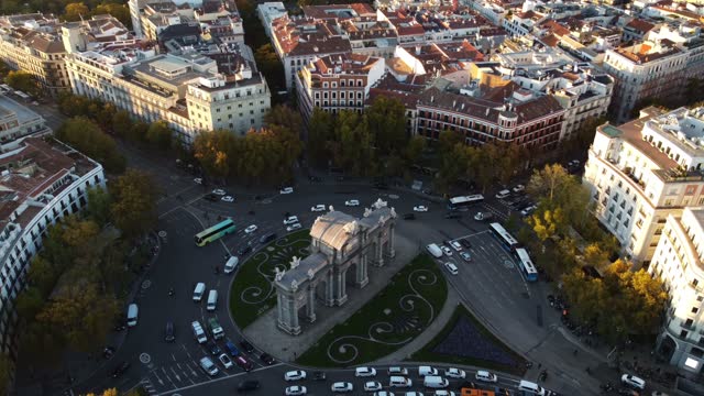 Drone footage of Puerta de Alcala an intersection surrounded by radial streets