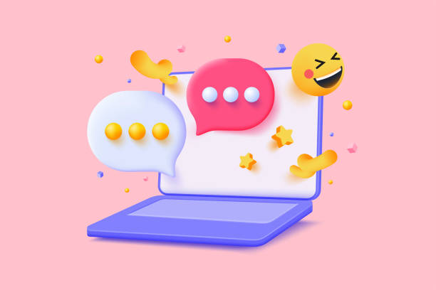 Modern 3d illustration of Notebook wit chat buble concept 3D speech bubble with notebook for photo gallery platform, online social conversation comment concept, emoji message, speech icons. 3d Vector illustration buble stock illustrations