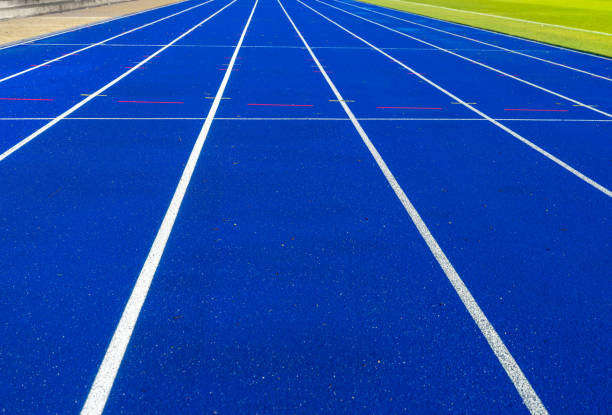 High angle view of blue running track at stadium