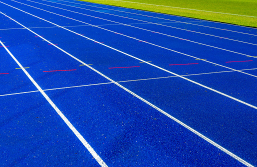 High angle view of blue running track at stadium