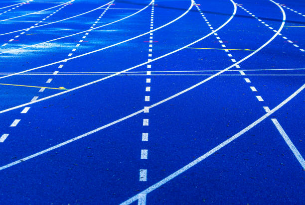 istock High angle view of blue running track 1462161684