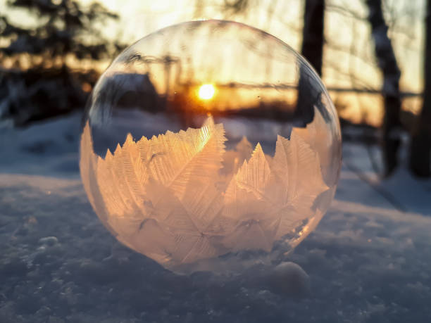 istock Macro shot of round, frozen soap bubble forming beautiful leaf and tree like pattern while freezing in very cold temperatures in winter with beautiful sunset in background 1462171002