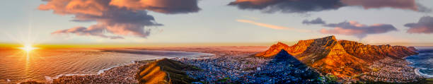 sunset aerial view of Cape Town city at dusk , international destinations sunset aerial view of Cape Town city at dusk , in Western Cape province in South Africa , international destinations lions head mountain stock pictures, royalty-free photos & images