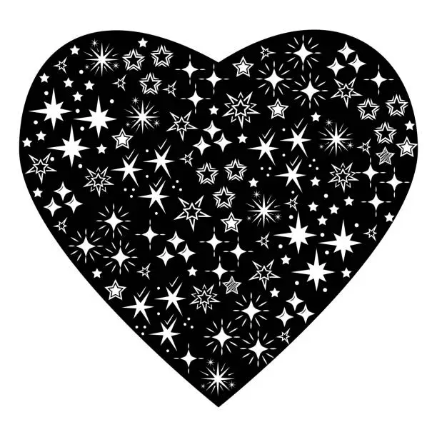 Vector illustration of Black silhouette of an abstract heart with a star ornament, vector filtered illustration