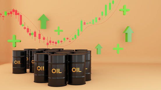 Oil barrel on gold background and stock price chart rising,Oil prices affect travel and transportation finance businesses.,Energy costs in business,3d rendering