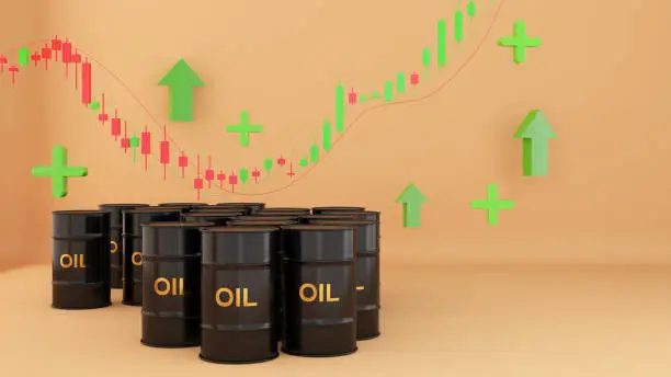 Photo of Oil barrel on gold background and stock price chart rising,Oil prices affect travel and transportation finance businesses.,Energy costs in business,3d rendering