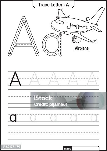 istock Alphabet Trace Letter A to Z preschool worksheet with the Letter A Airplane  Pro Vector 1462178479