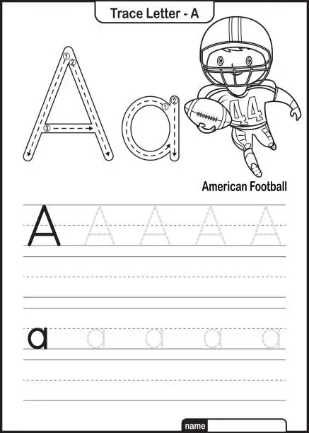 Vector illustration of Alphabet Trace Letter A to Z preschool worksheet with the Letter A American Football Pro Vector