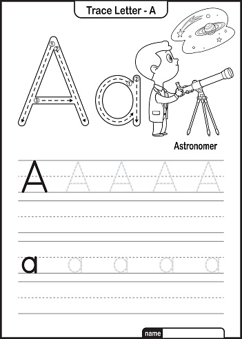 Alphabet Trace Letter A to Z preschool worksheet with the Letter A Astronomer Pro Vector