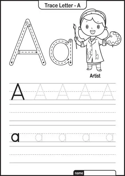 Vector illustration of Alphabet Trace Letter A to Z preschool worksheet with the Letter A Artist Pro Vector