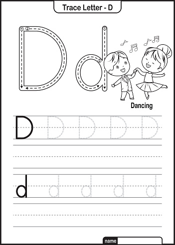 Alphabet Trace Letter A to Z preschool worksheet with the Letter D Dancing Pro Vector