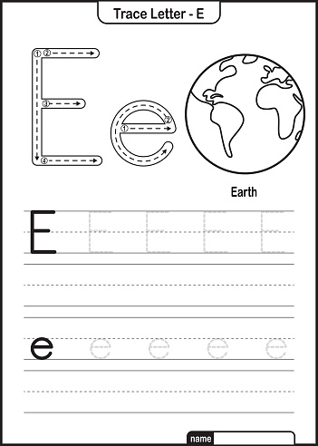 Alphabet Trace Letter A to Z preschool worksheet with the Letter E Earth Pro Vector