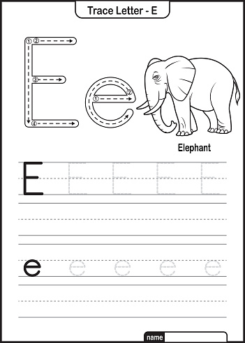 Alphabet Trace Letter A to Z preschool worksheet with the Letter E Elephant Pro Vector