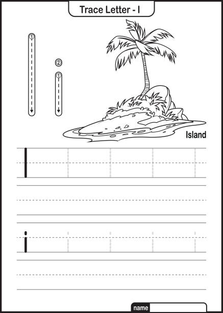 ilustrações, clipart, desenhos animados e ícones de planilha de pré-escola alfabeto trace letra a a z com o vetor pro da ilha da letra i - island education learning letter i