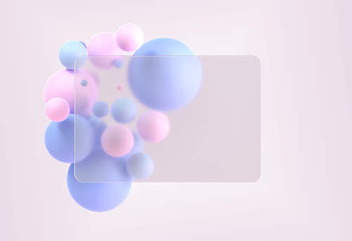 Glassmorphism rectangle plate with bright color geometric spheres on background 3d render. Frosted glass effect, translucent acrylic shape with thin light border, glass morphism style, 3D illustration