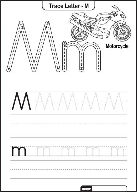 Vector illustration of Alphabet Trace Letter A to Z preschool worksheet with the Letter M Motorcycle Pro Vector