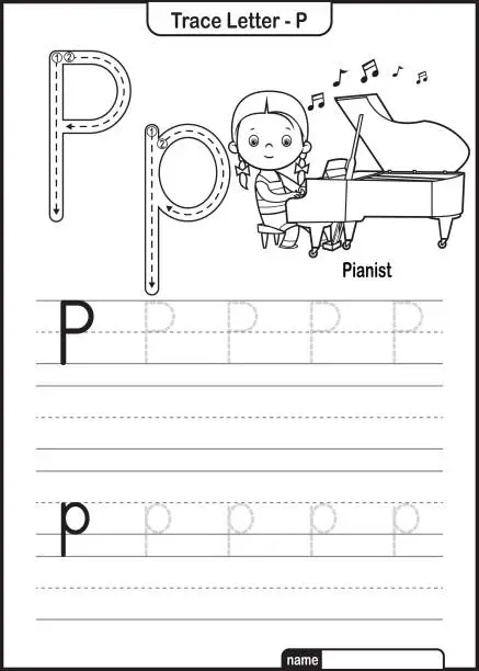 Vector illustration of Alphabet Trace Letter A to Z preschool worksheet with the Letter P Pianist Pro Vector