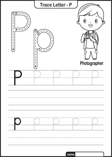 Vector illustration of Alphabet Trace Letter A to Z preschool worksheet with the Letter P  Photographer Pro Vector