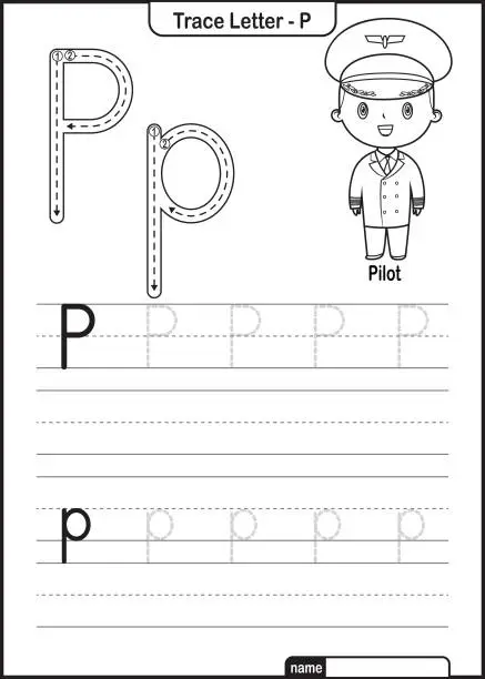 Vector illustration of Alphabet Trace Letter A to Z preschool worksheet with the Letter P Pilot Pro