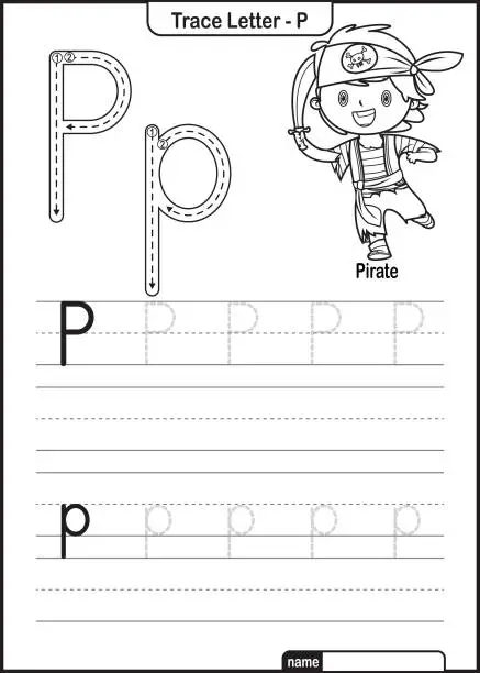 Vector illustration of Alphabet Trace Letter A to Z preschool worksheet with the Letter P Pirate Pro Vector