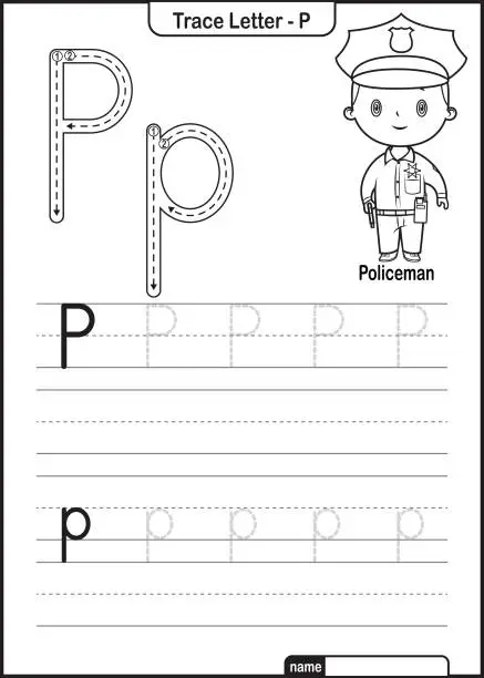 Vector illustration of Alphabet Trace Letter A to Z preschool worksheet with the Letter P Policeman Pro