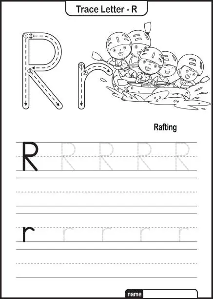 Vector illustration of Alphabet Trace Letter A to Z preschool worksheet with the Letter R Rafting Pro Vector