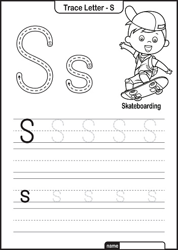 Alphabet Trace Letter A to Z preschool worksheet with the Letter S Skateboarding Pro Vector