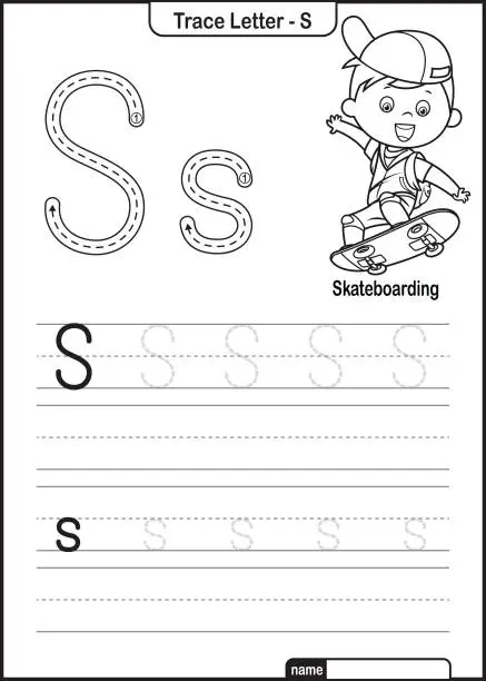 Vector illustration of Alphabet Trace Letter A to Z preschool worksheet with the Letter S Skateboarding Pro Vector