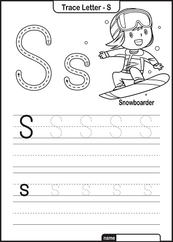 Alphabet Trace Letter A to Z preschool worksheet with the Letter S Snowboarder Pro Vector